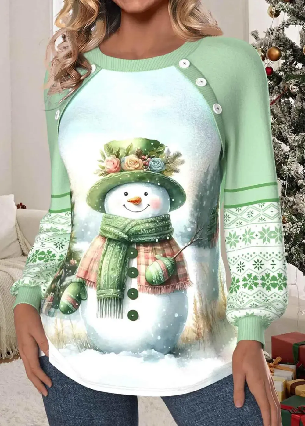 Christmas Light Green Patchwork Long Sleeve Round Neck Sweatshirt