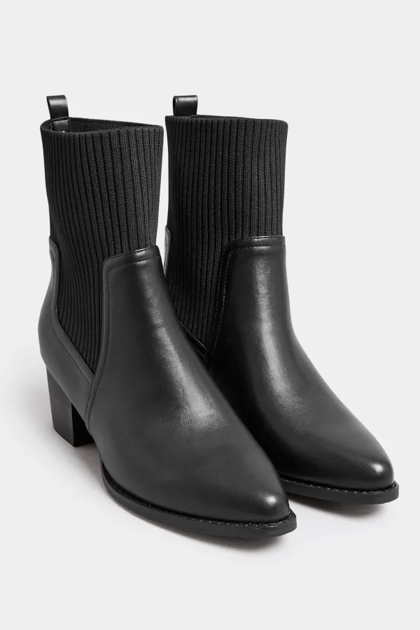 Yours Black Sock Top Line Western Boots In EEE Fit