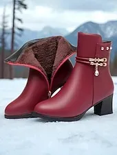 Women's Brown Warm Faux Fur Lined Ankle Boots with Heel, Stylish and Comfortable for Winter and Casual Wear.