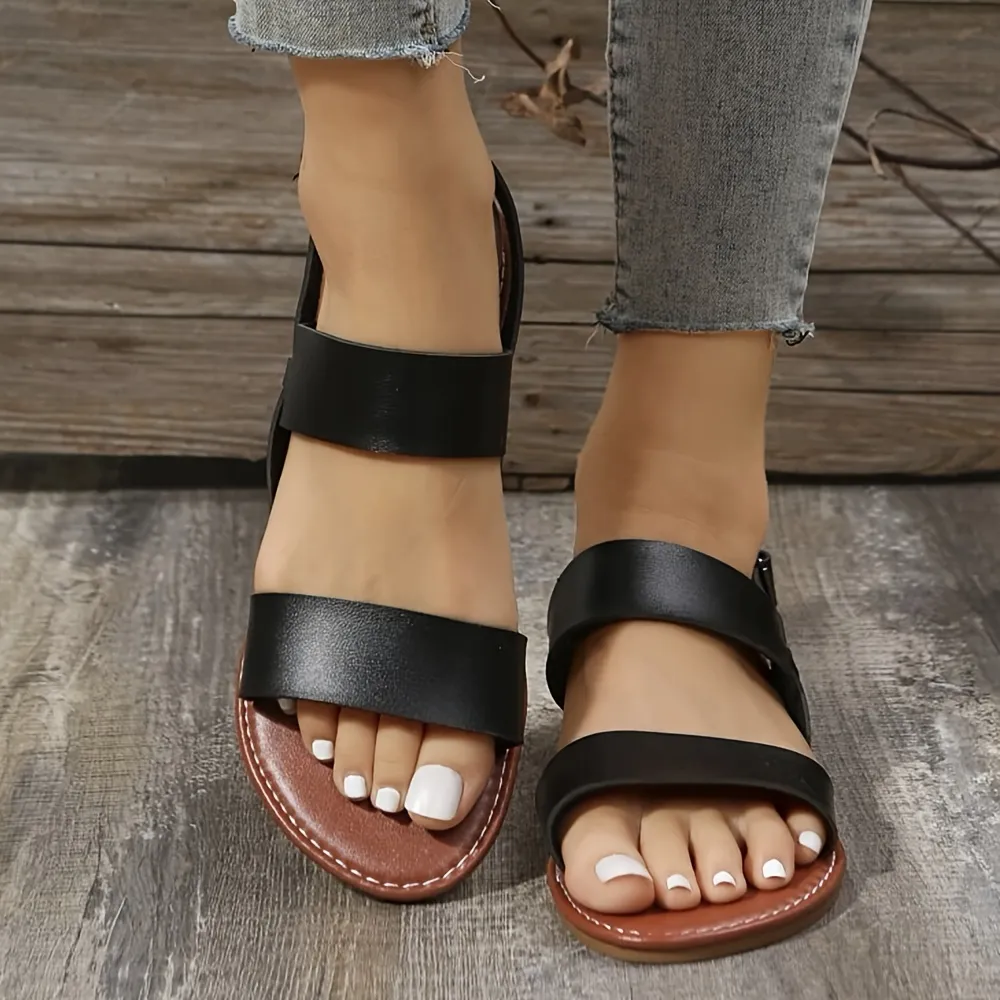 Women's Flat Ankle Strap Sandals, Solid Color Open Toe Non-slip Shoes, Casual Lightweight Beach Shoes