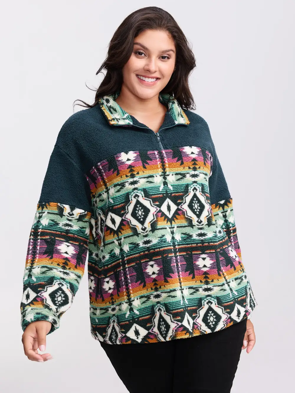 Boho Print Zipper Front Sweatshirt