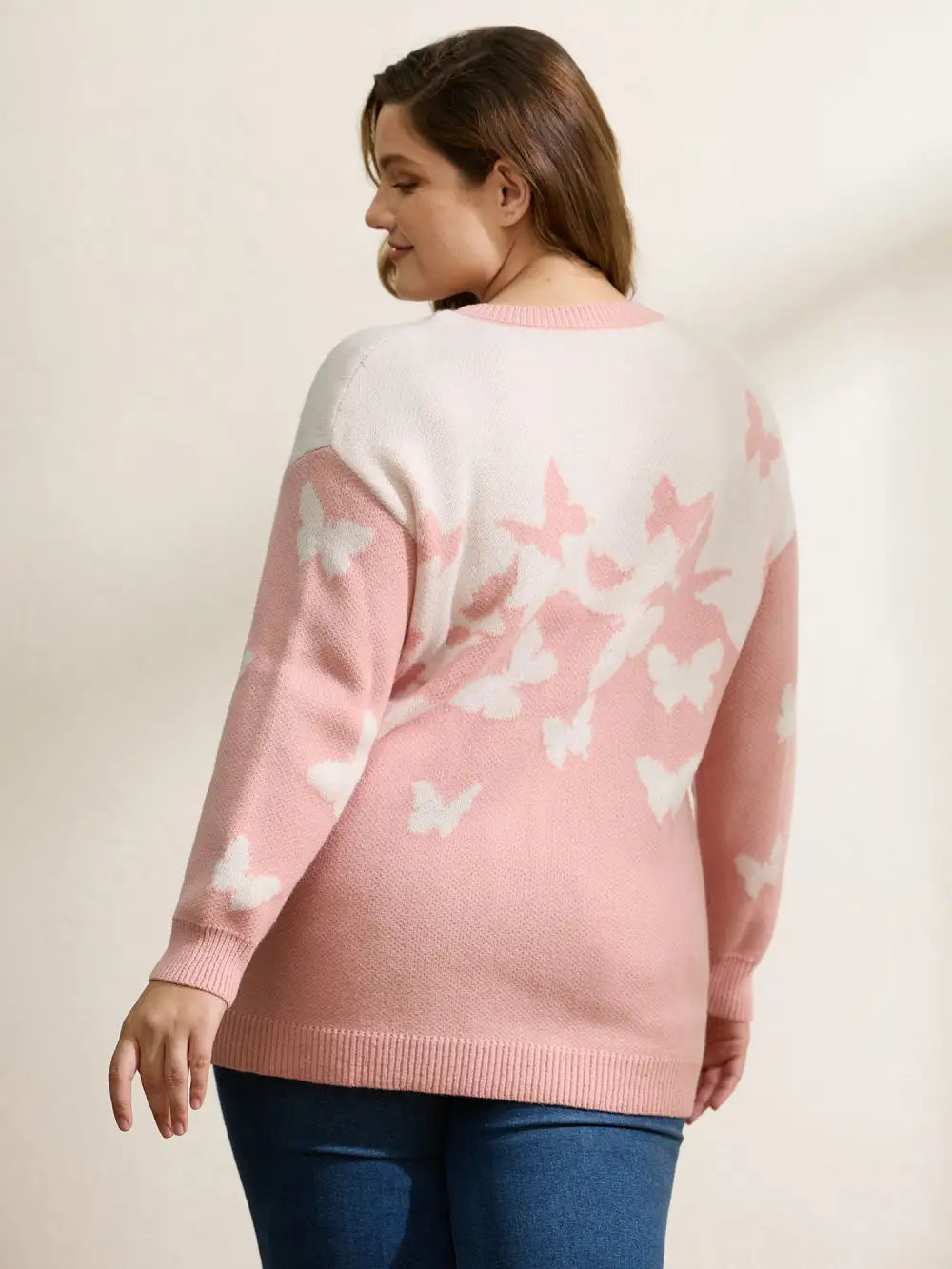 Butterfly Jacquard Pattern Ribbed Hem Pullover