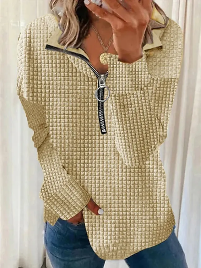 Women's Sweatshirt Pullover Textured Basic Quarter Zip Black White Blue Solid Color Street Casual V Neck Long Sleeve Top Micro-elastic Fall & Winter