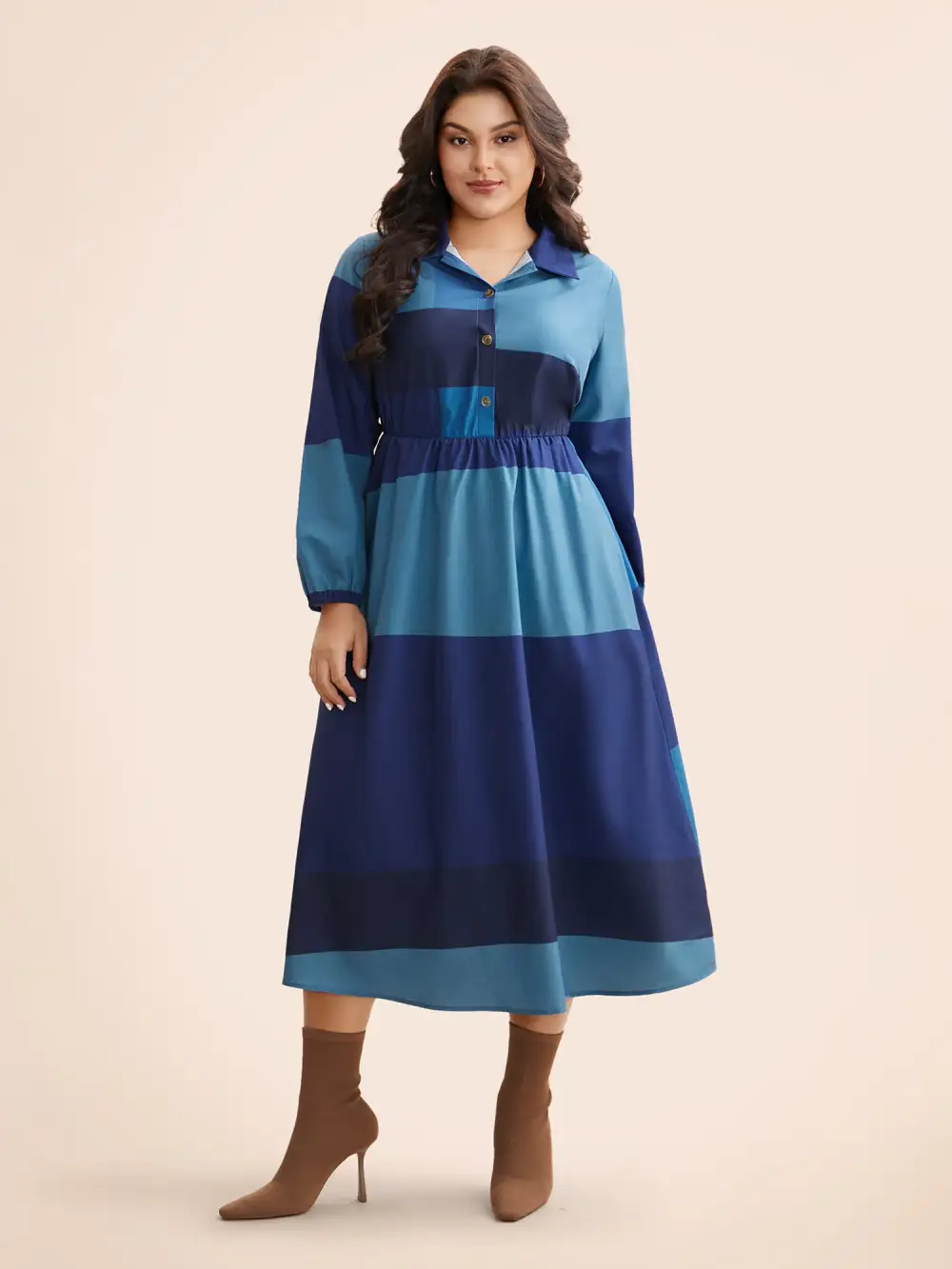 Shirt Collar Colorblock Contrast Midi Dress