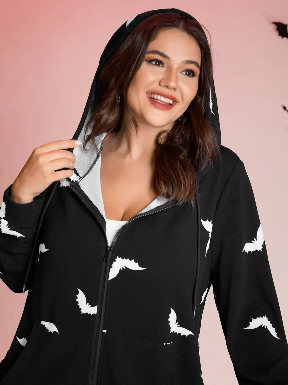 Bat Print Stretchy Textured Zipper Hoodie