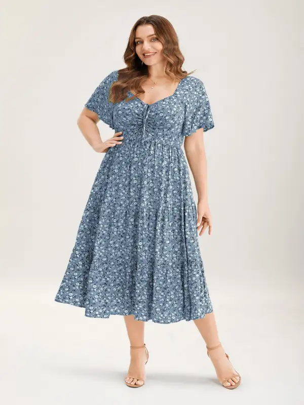 Ditsy Floral Sweetheart Drawstring Pocket Tiered Dress