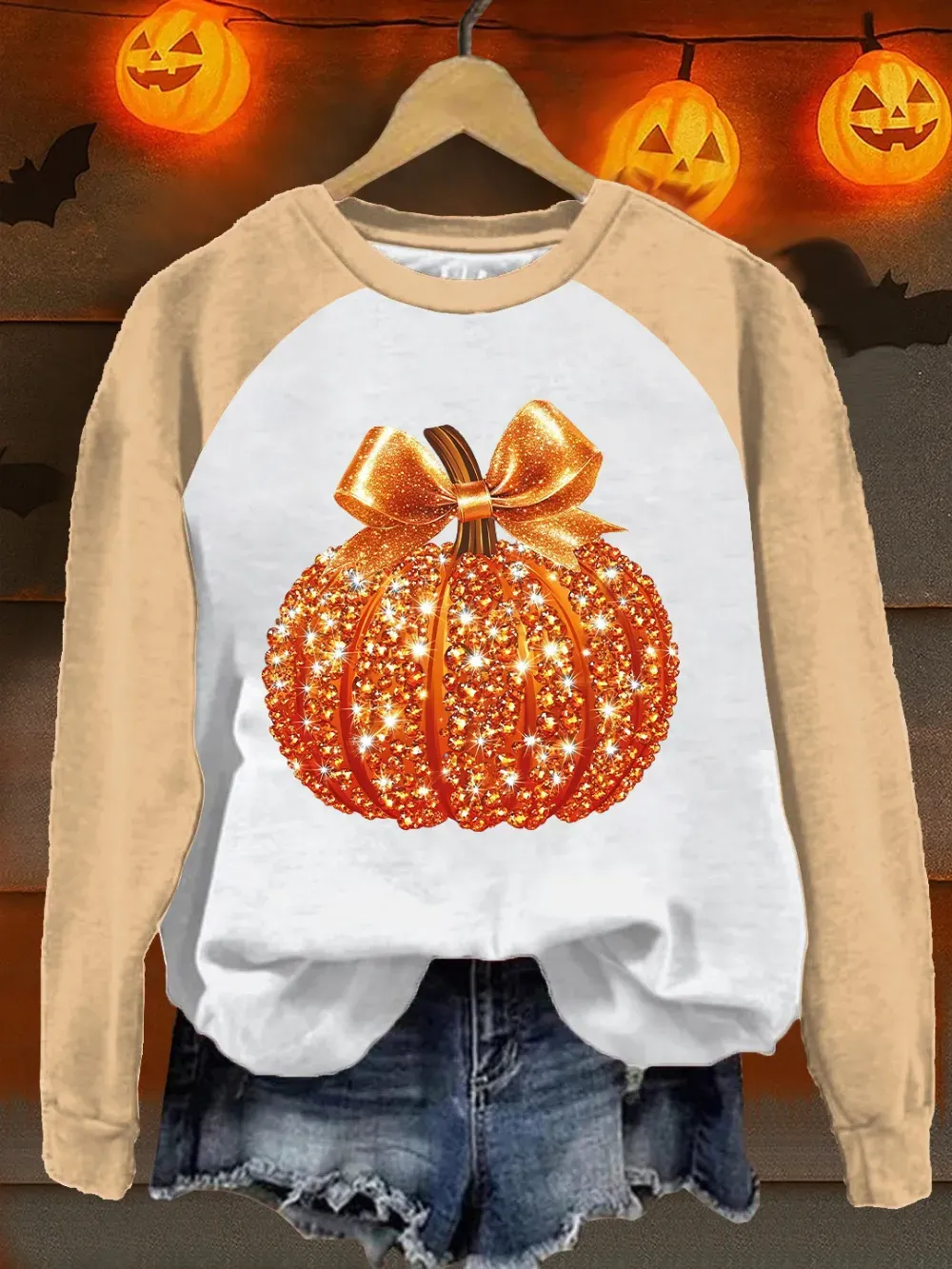 Women'S Retro Autumn Pumpkin Print Raglan Sleeve Sweatshirt