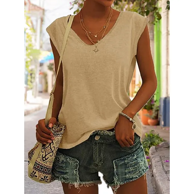 Women‘s Blouse T shirt Tee Basic Plain Daily V Neck Sleeveless Regular Summer Green White Black Blue Pink