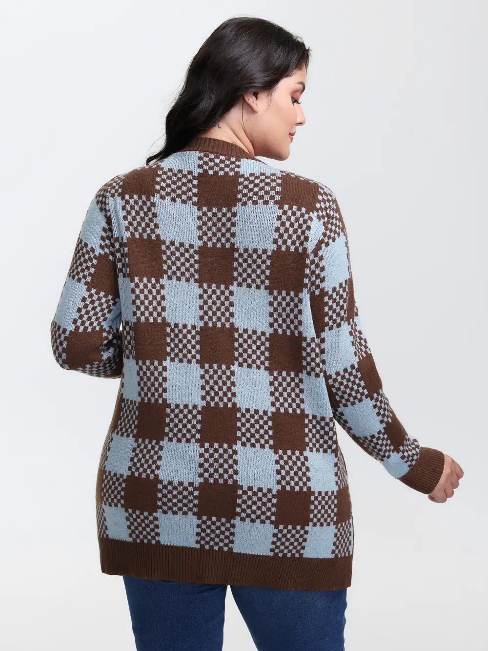 Checkered Pattern Pockets Knit Cardigan