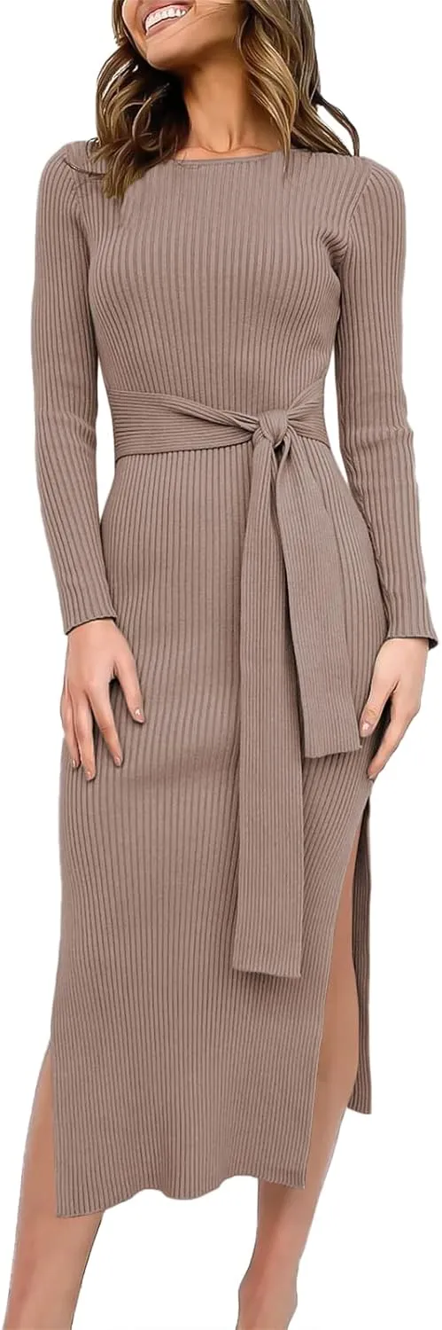 Long Sleeve Sweater Dress Crew Neck Slim Fit Slit Tie Waist 2024 Ribbed Knit Bodycon Midi Dress Fall Outfits