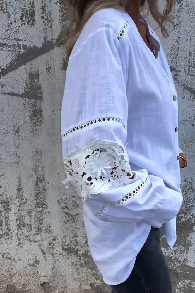 Women's Cotton And Linen Hollow Flower Pattern Shirt