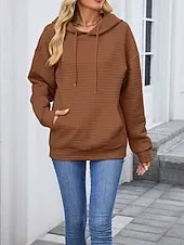 Women's Texture Blouse Pullover Hoodie Sweatshirt Plain Streetwear Casual Long Sleeve Hooded Regular Tops Street Holiday Going out Pocket Black Pink Brown Khaki Gray Fall