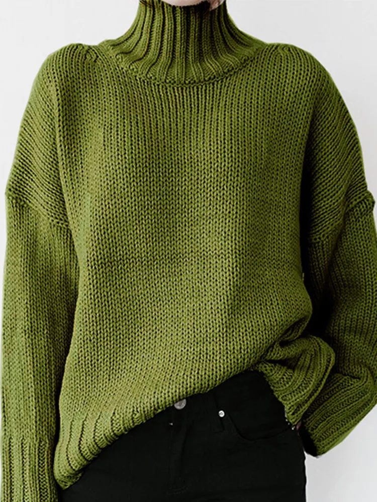 Retro Long Sleeve Solid Color Turtleneck Pullover Sweater