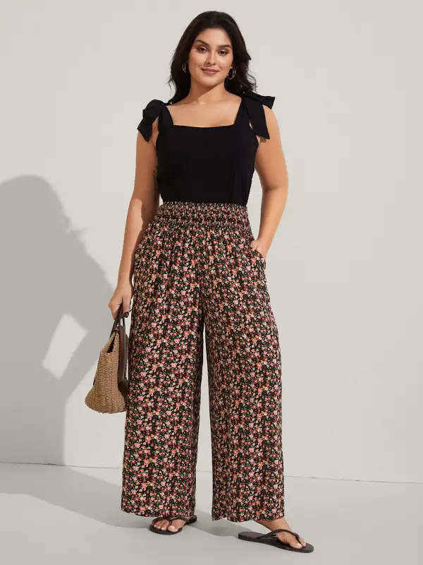 Shirred Waist Ditsy Floral Wide-Leg Pants