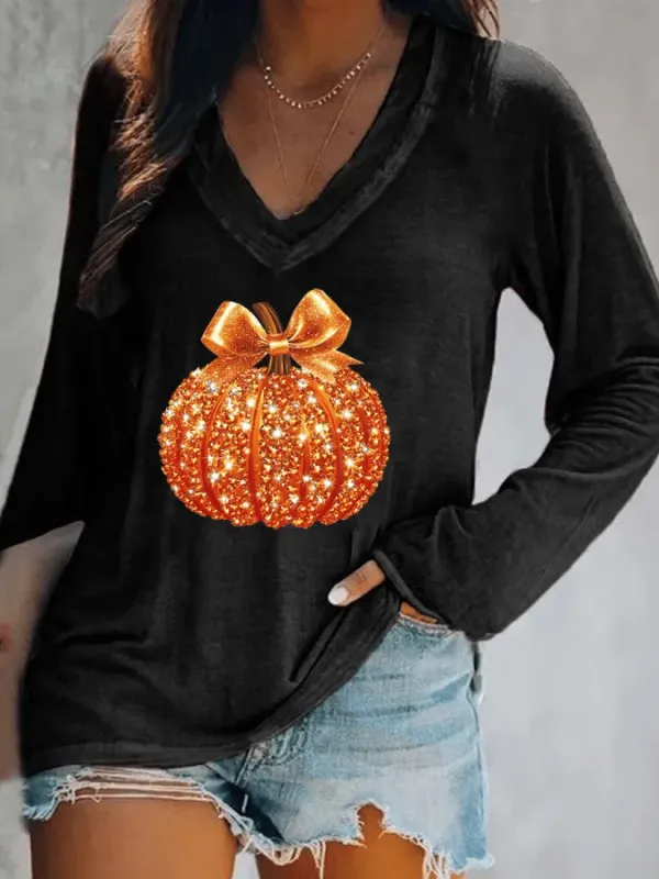Women's Autumn Sequin Pumpkin Print V-Neck T-Shirt