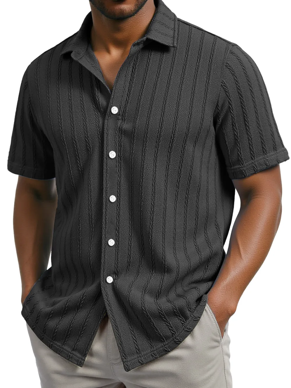 Men's Daily Casual Jacquard Texture Lapel Short-sleeved Shirt