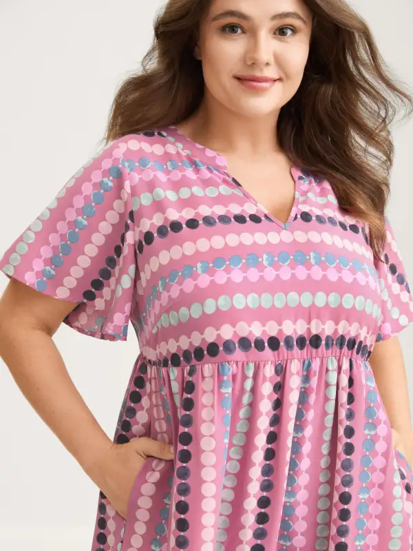 Dot Print Elastic Waist Split Neck Midi Dress