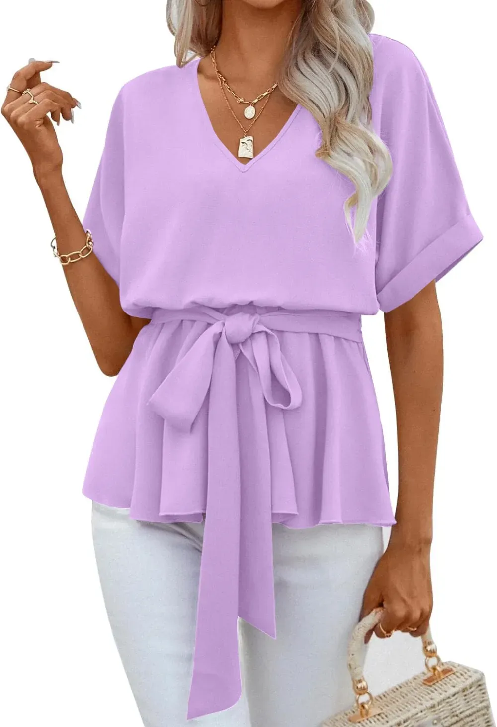 ✨Womens V Neck Blouse Short Sleeve Belted Casual T-Shirts Basic Tee Tops