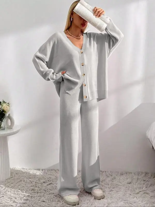 Women's V-Neck Button Cardigan & Wide-Leg Pants Set