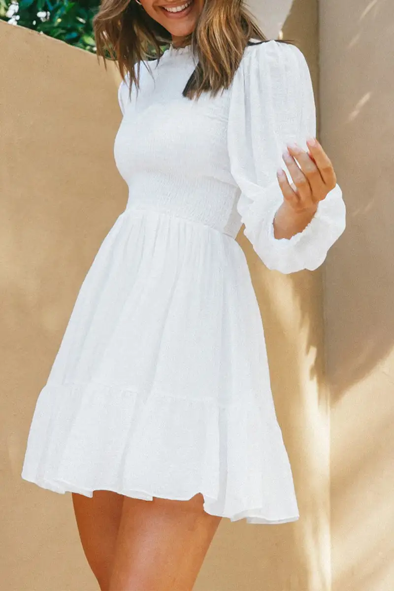 Fashion Solid Flounce O Neck Long Sleeve Dresses(11 colors)