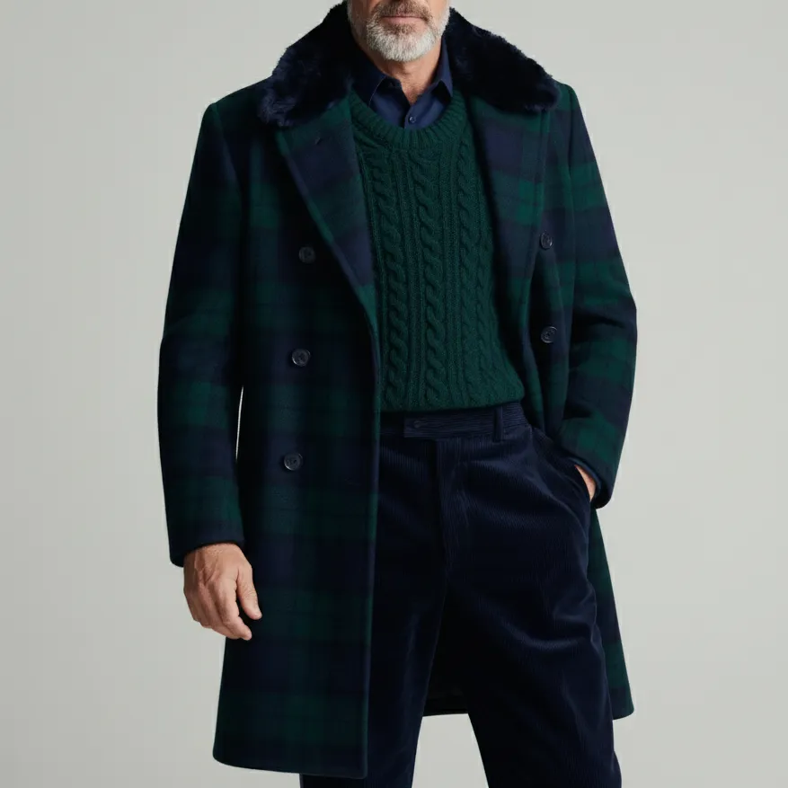 Men's Business Green Plaid Double Breasted Furry Collar Long Sleeve Overcoat