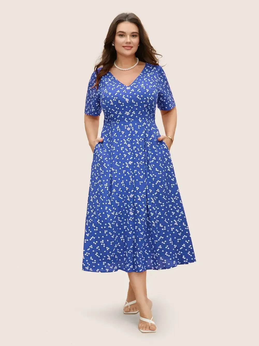 Ditsy Floral Button Detail Elastic Waist Midi Dress