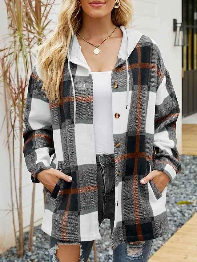 Women's Casual Jacket Dailywear Button Plaid Casual / Daily Vintage Loose Fit Outerwear Long Sleeve Summer