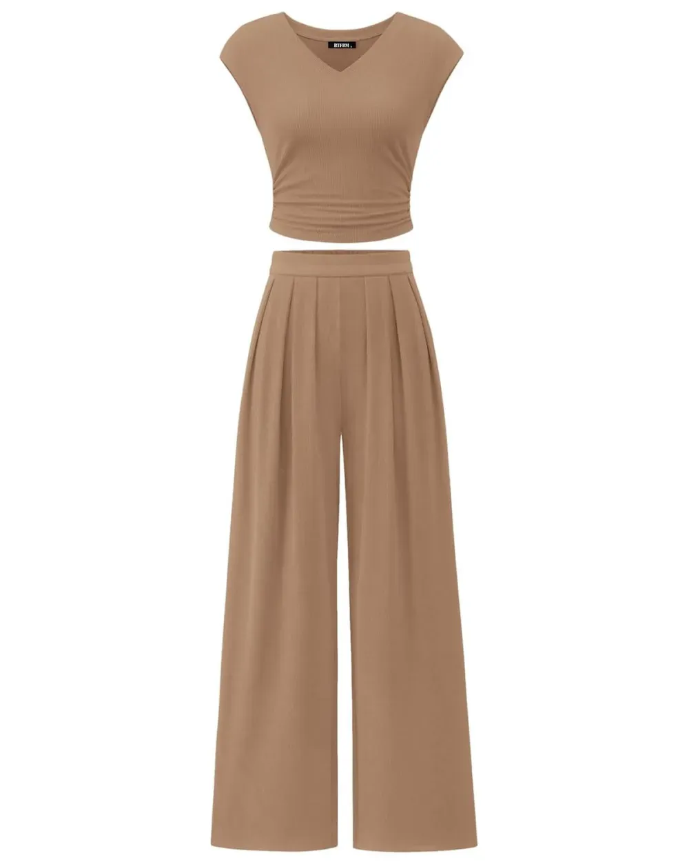 ✨Women's casual ribbed knit suit V-neck short sleeve with wide-leg pants