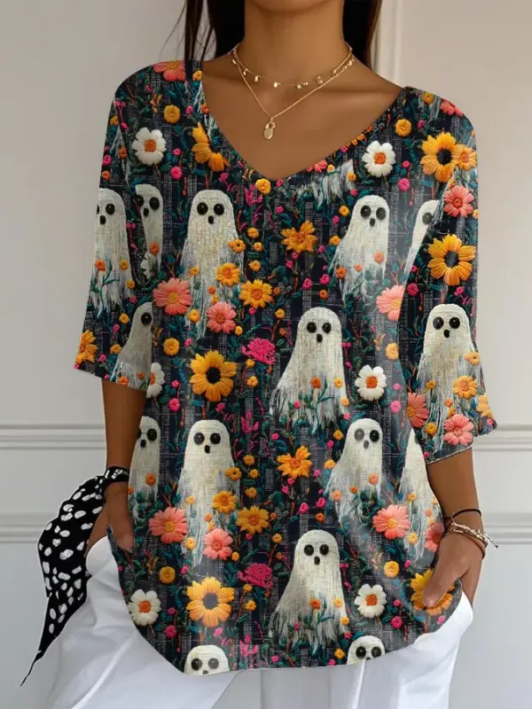 Women's Ghost Print V-Neck T-Shirt