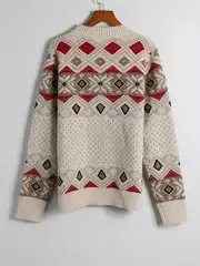 Geo Print Womens Knit Sweater - Soft & Cozy Crew Neck Pullover - Stylish Casual Long Sleeve Wardrobe Essential