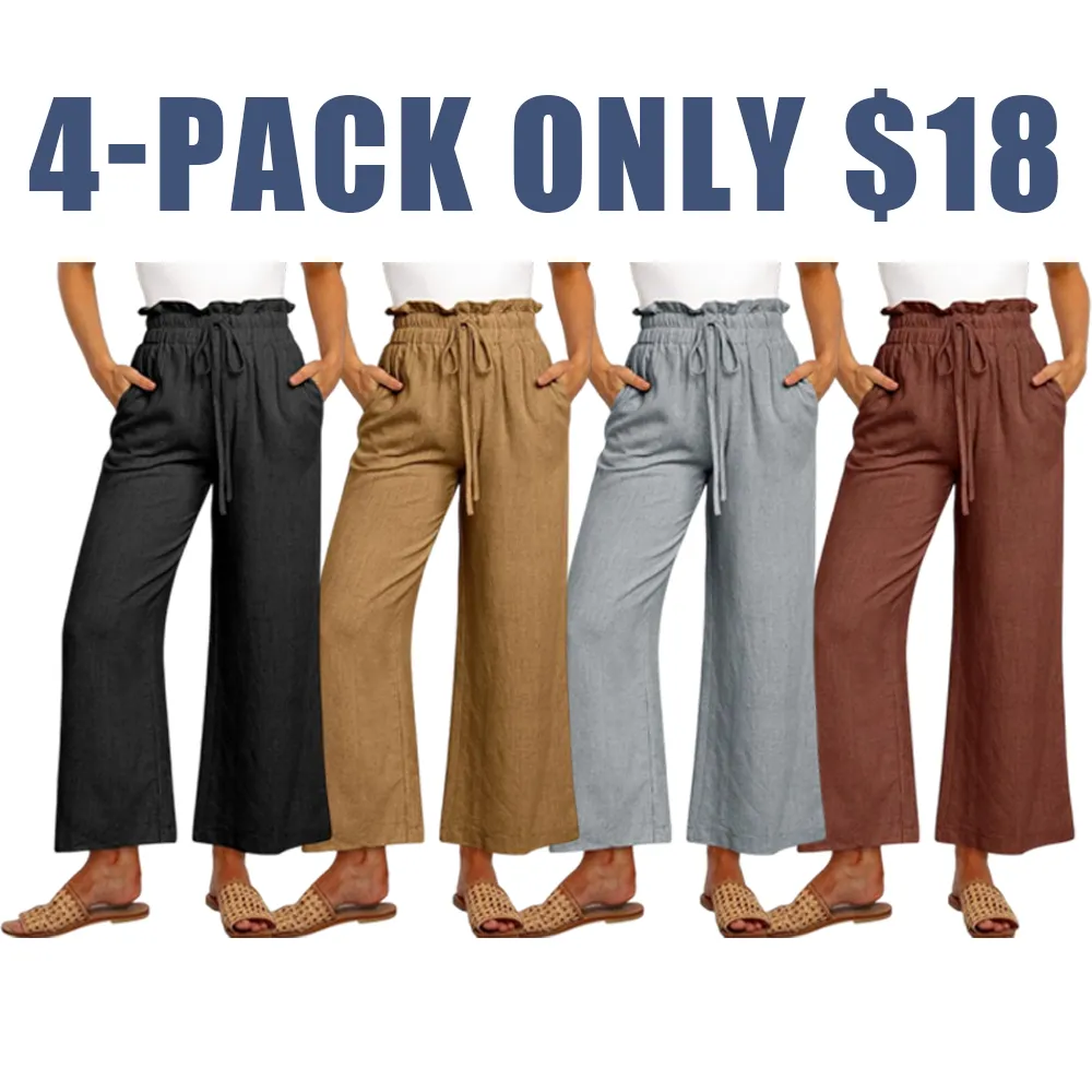 Women's Linen Wide Leg Pants – High Waist Drawstring Trousers with Pockets
