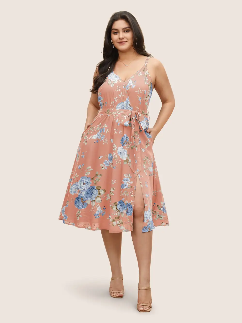 Floral Wrap Elastic Waist Belted Sleeveless Dress