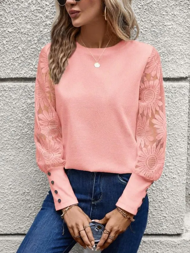 Women's Blouse Dressy Tops Lace Button Daily Elegant Long Sleeve Crew Neck Pink Summer