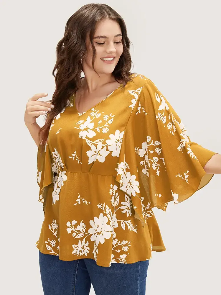 Floral Printed Plicated Detail Flutter Sleeve Blouse