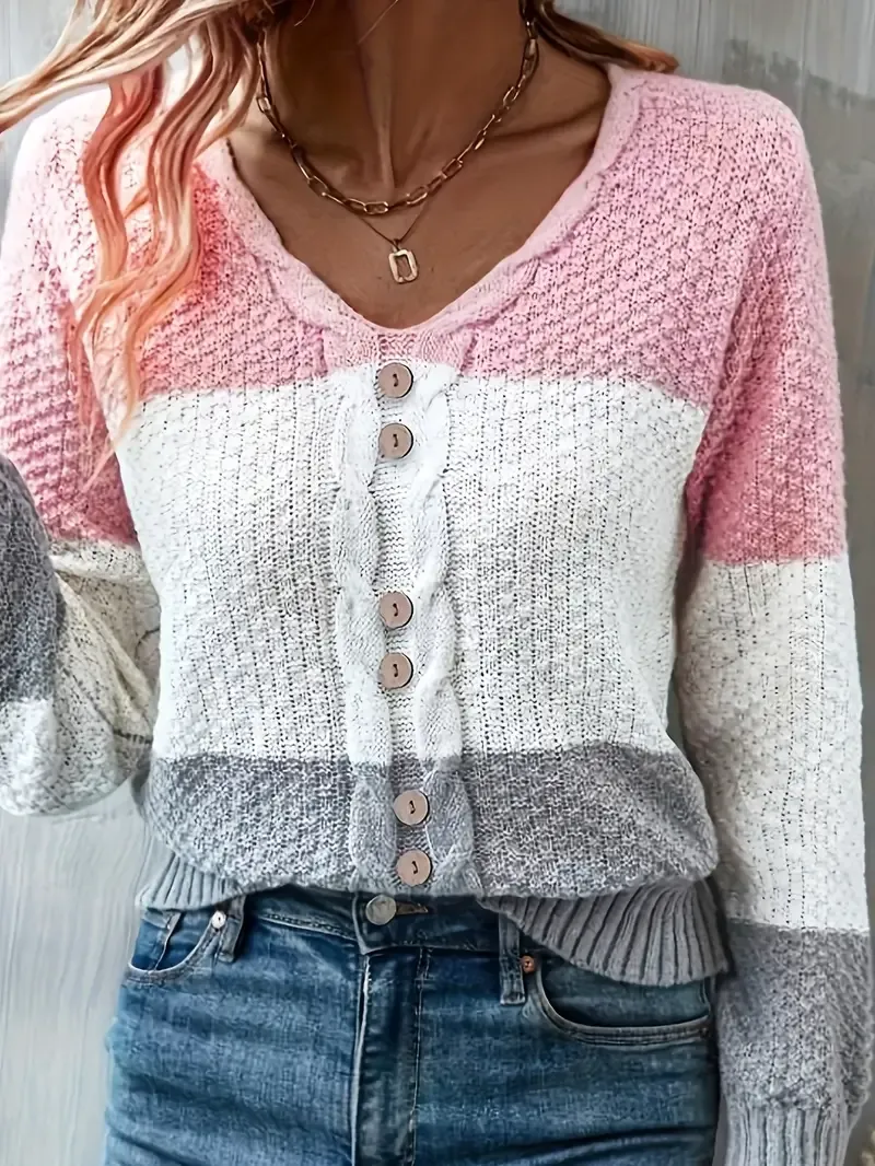 Cozy Color Block V-Neck Sweater - Soft Knit Pullover with Button Detail - Long Sleeve Casual Wear for Women