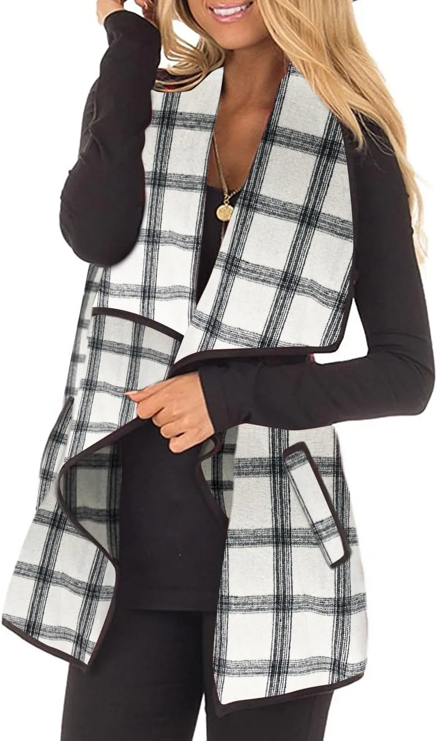 Womens Buffalo Plaid Vest Casual Lapel Open Front Sleeveless Cardigan Jacket Coat with Pockets