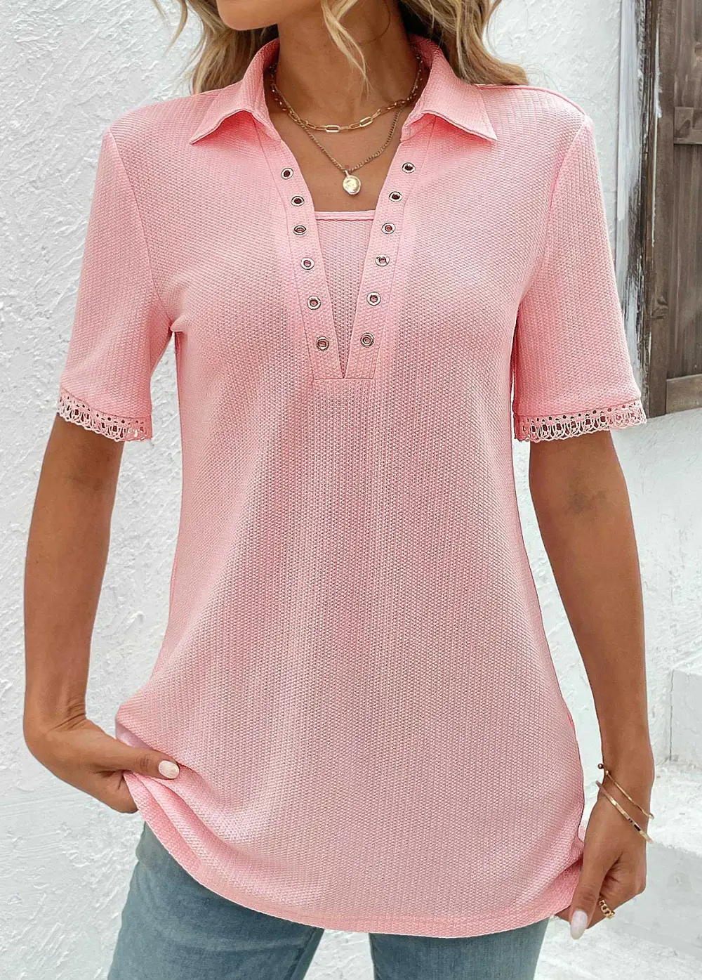 Pink Eyelet Short Sleeve T Shirt