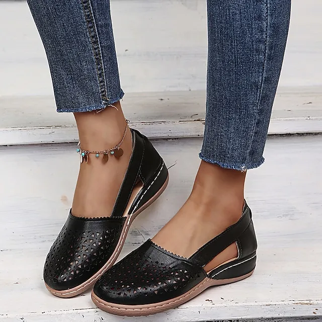 Women's Sandals Wedge Sandals Comfort Shoes Plus Size Outdoor Work Daily Summer Hollow Out Flat Heel Round Toe Classic Casual Minimalism Walking Shoes Faux Leather Loafer Solid Color Solid Colored