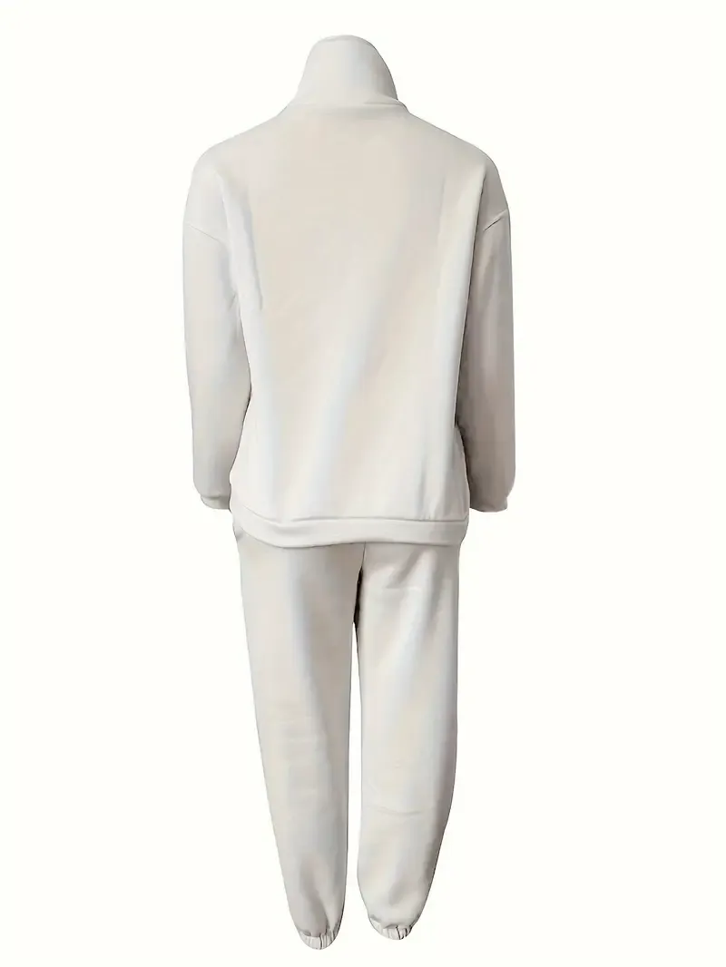 Two-Piece Solid Color Casual Outfit - High Neck Zip Front Long Sleeve Sweatshirt & Elastic Waist Pants