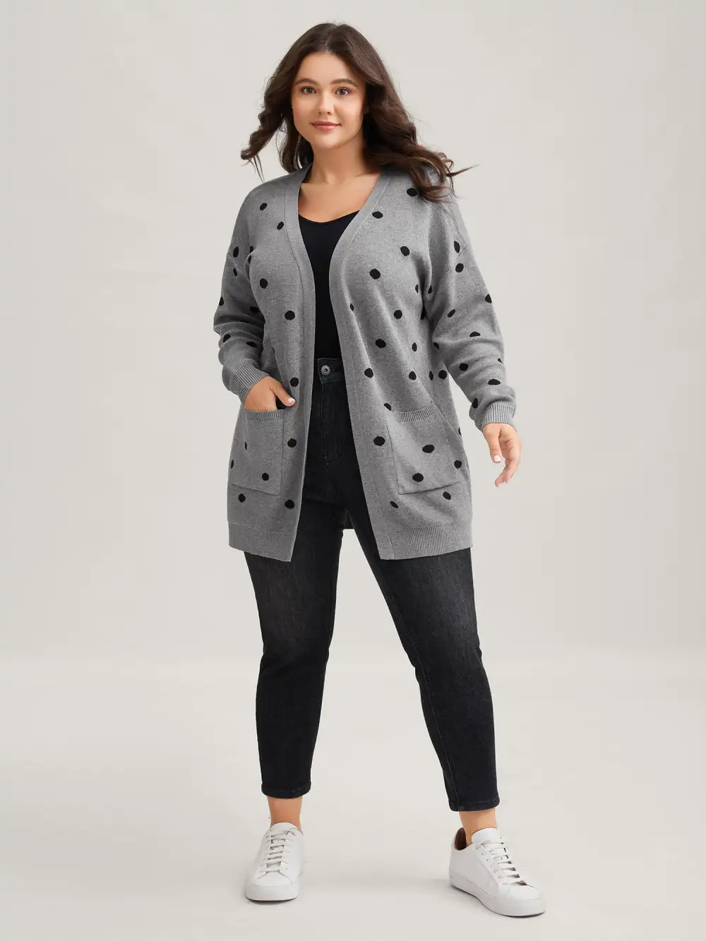 Polka Dot Kimono Collar Patch Pocket Cardigan