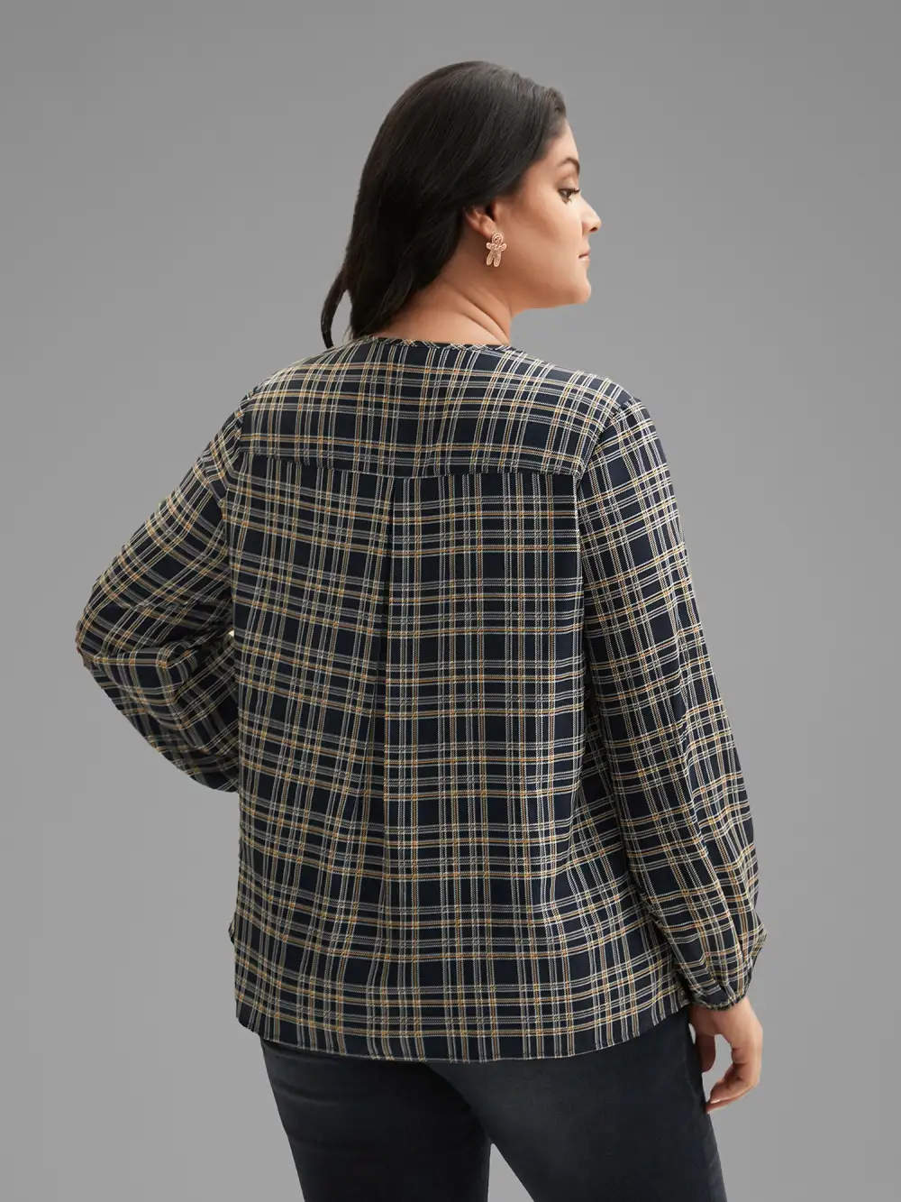 Plaid Zipper Front Lantern Sleeve Blouse