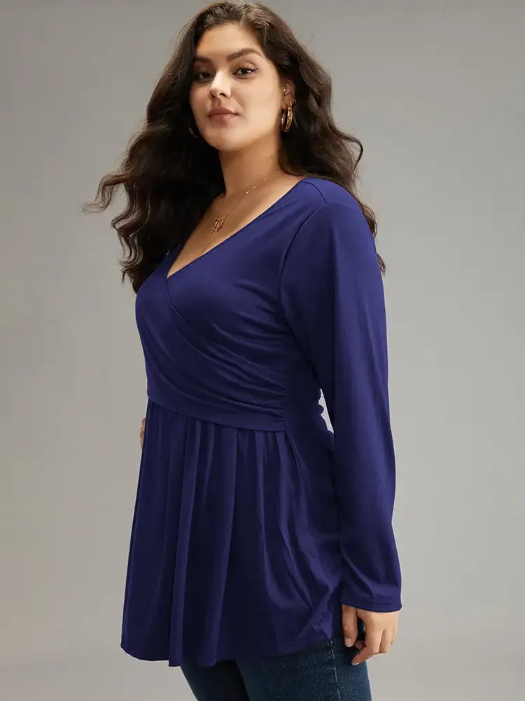 Solid Crossover V Neck Ruffle Hem T-Shirt