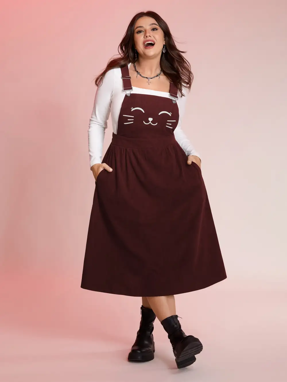Happy Cat Embroidery Overall Straps Midi Dress