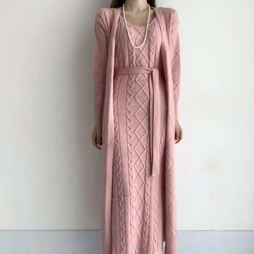 2023 Fashion Women Sweater Suits - Solid Color Long Cardigan Sweater + Knitted Suspender Dress Two-Piece Sets