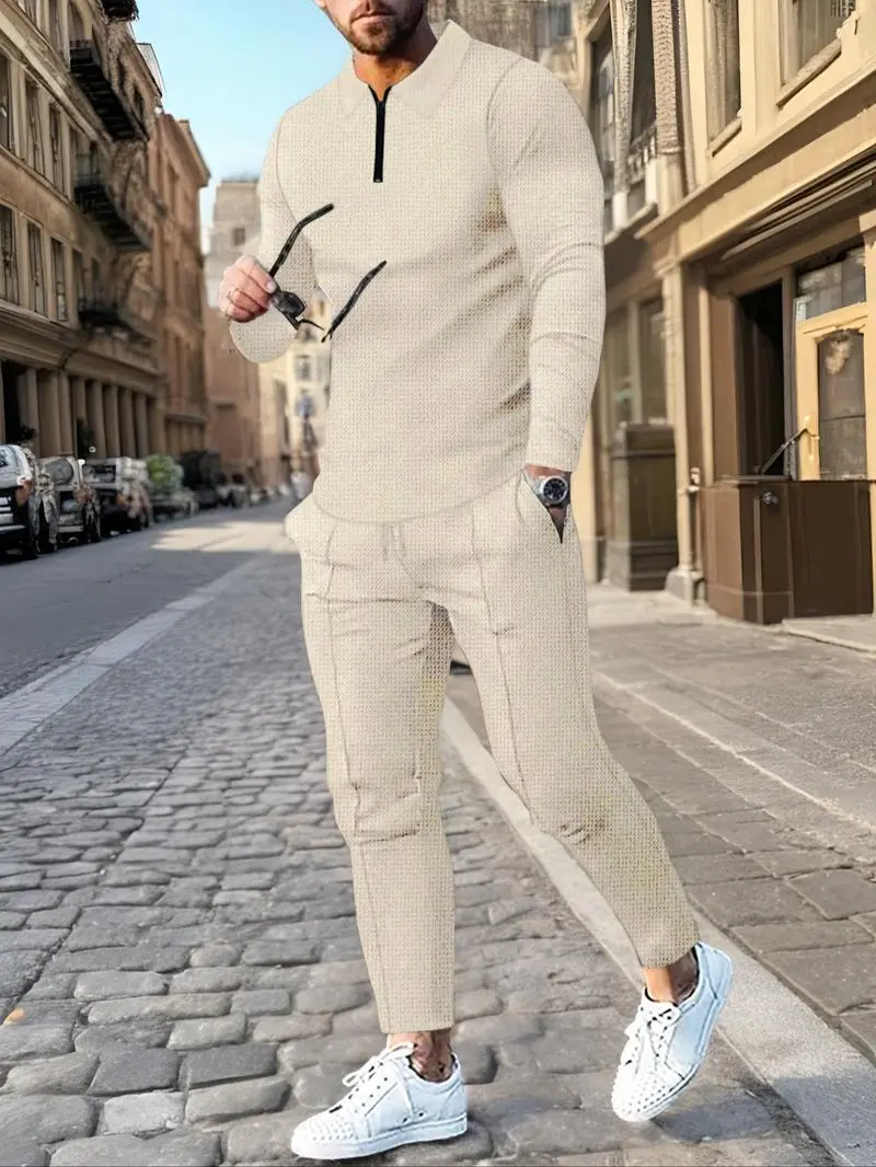 Men's Solid Textured Long Sleeve Polo Shirt & Drawstring Waist Pants Set