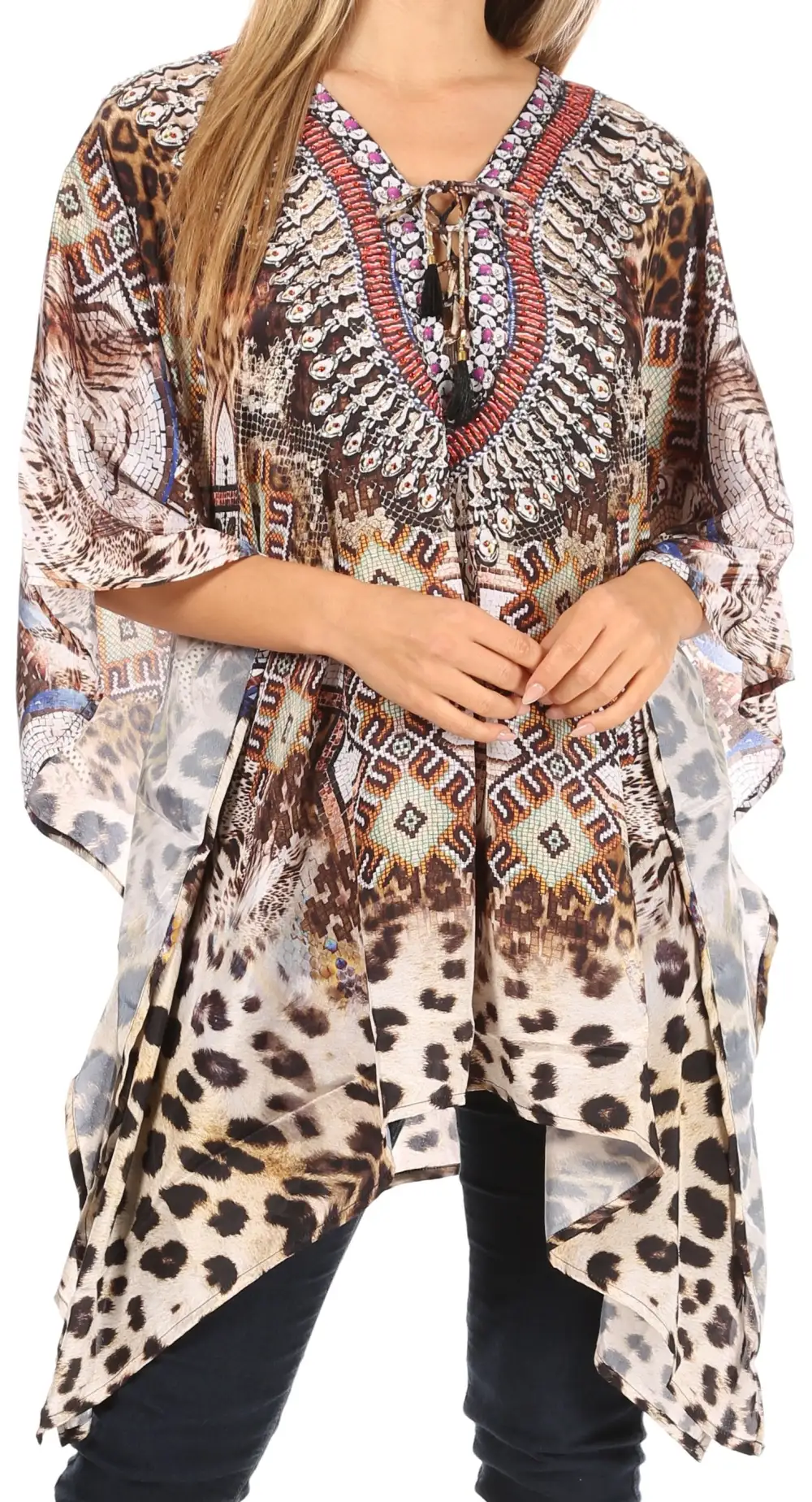 Women's Caftan Poncho Cover up V neck Top Lace up With Rhinestone
