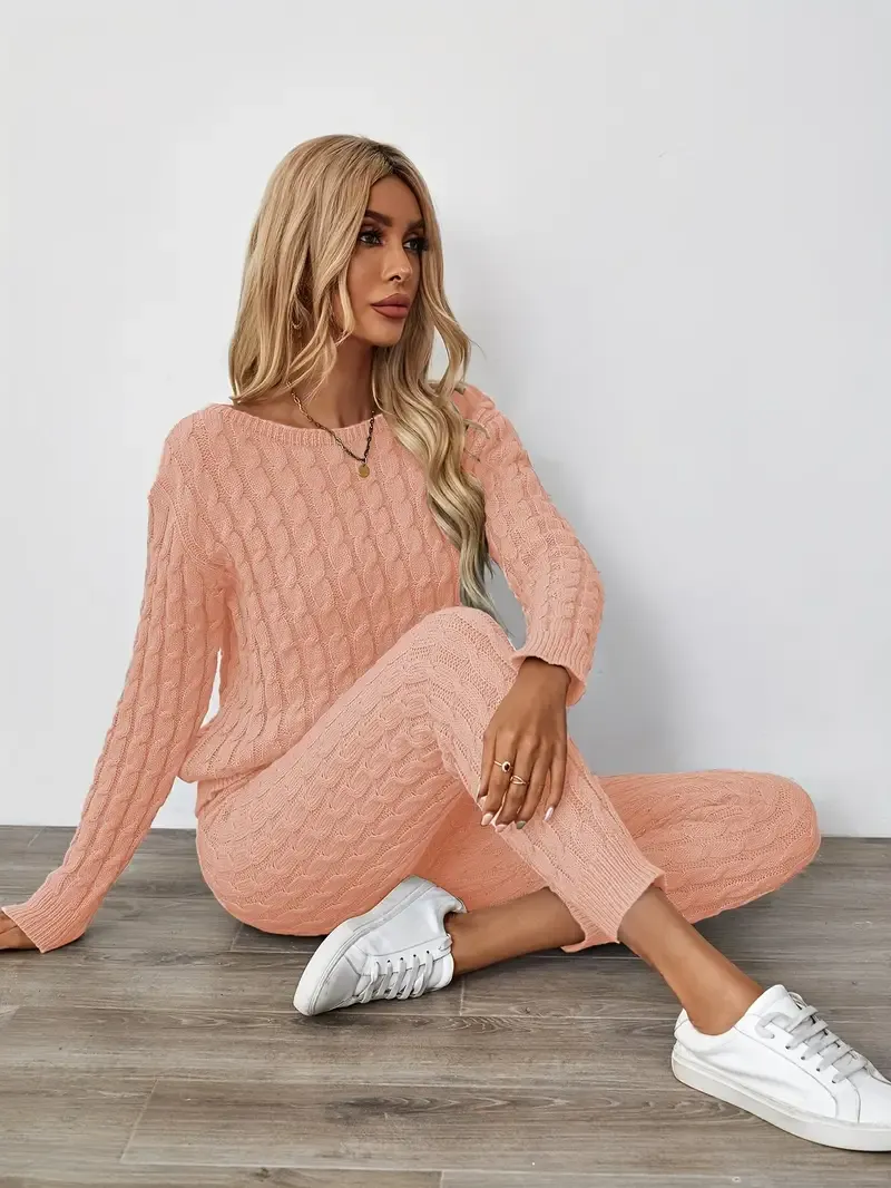 Solid Knitted Matching Two-piece Set, Casual Long Sleeve Sweater & Pants Outfits, Women's Clothing