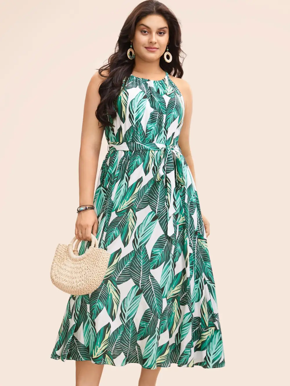 Tropical Print Knotted Pocket Ruffles Belted Halter Dress