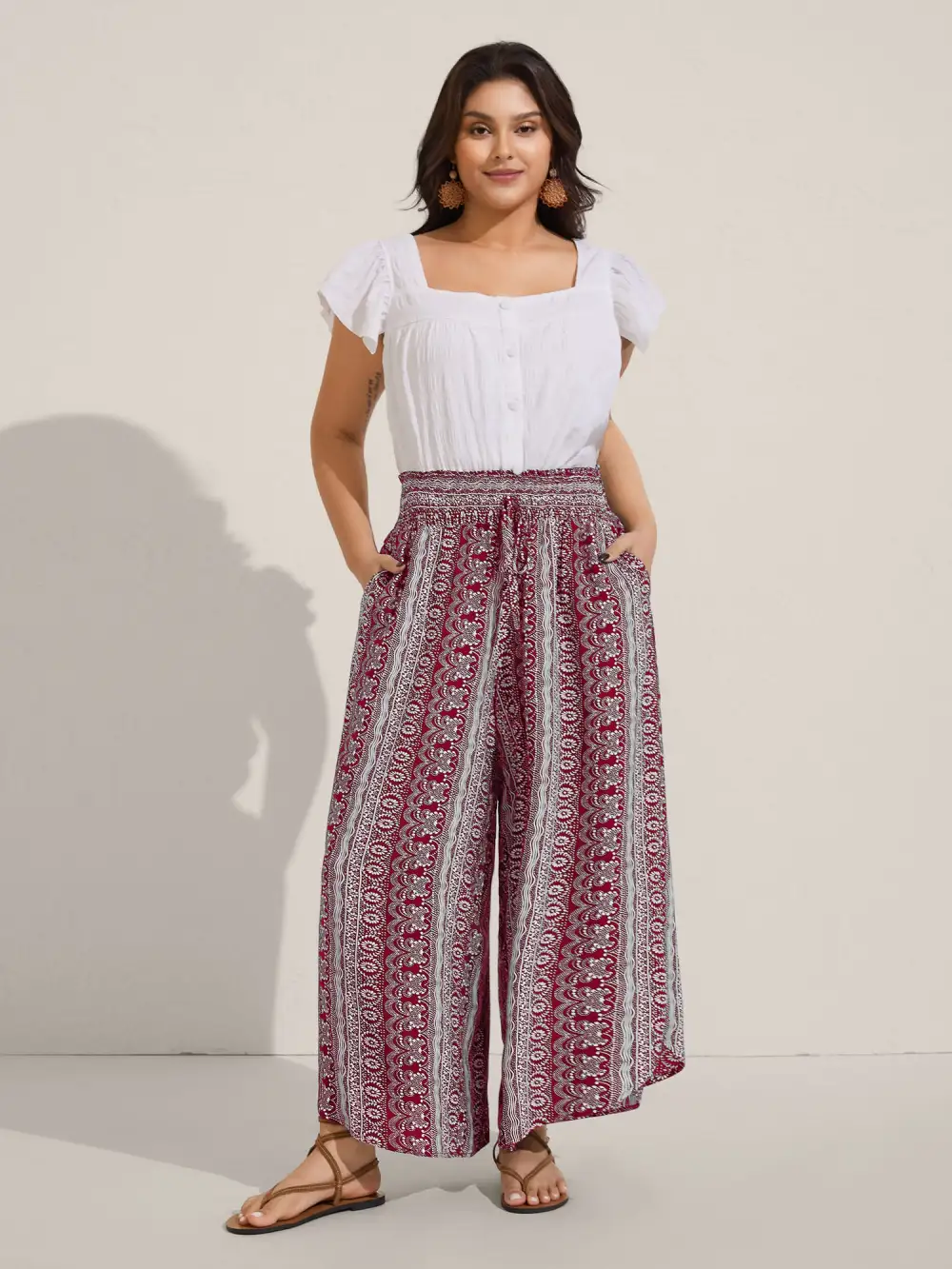 Boho Print Shirred Waist Wide-Leg Pants