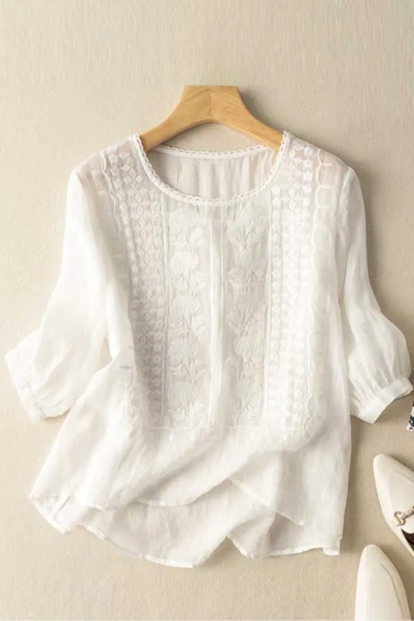 Vintage Floral Embroidered Linen Top